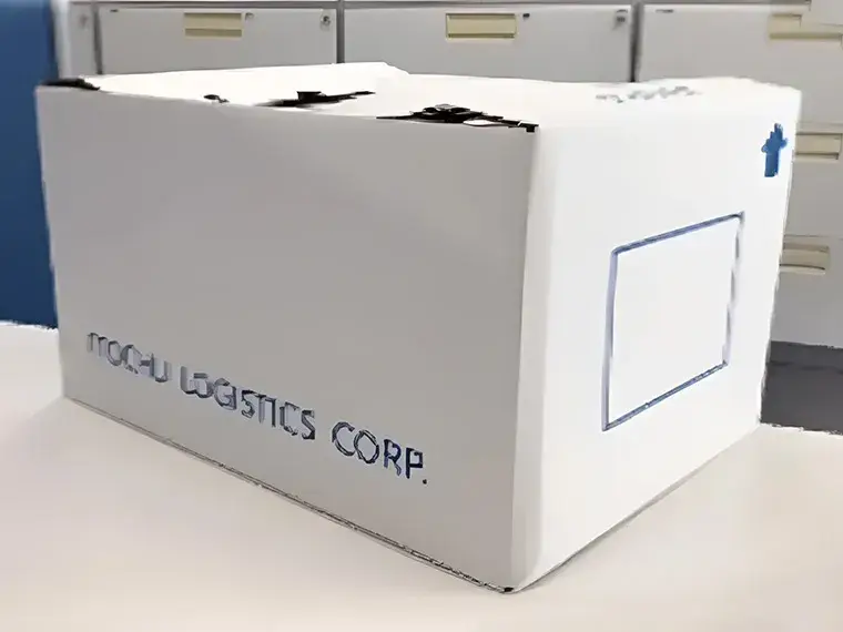 オフィス内で撮影された、ロゴ入りの白い段ボール箱(Mochu Logistics Corp.)