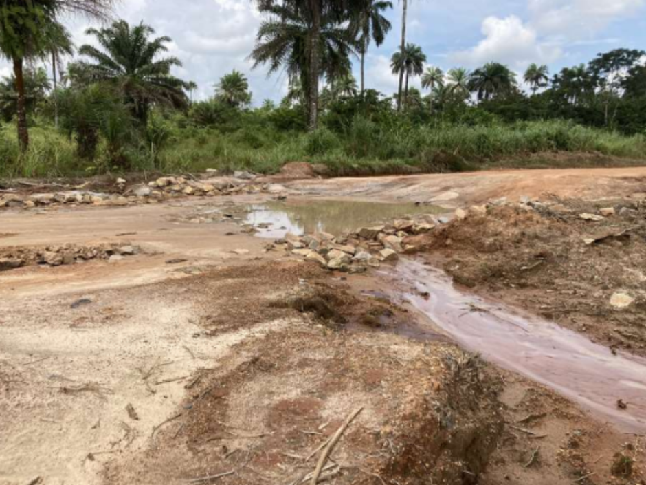 ぬかるんだ未舗装の道路に雨水が溜まり、小さな川のように赤土が流れている様子。周囲にはヤシの木や草木が生い茂っており、熱帯地域の農村地帯の風景が広がっている。