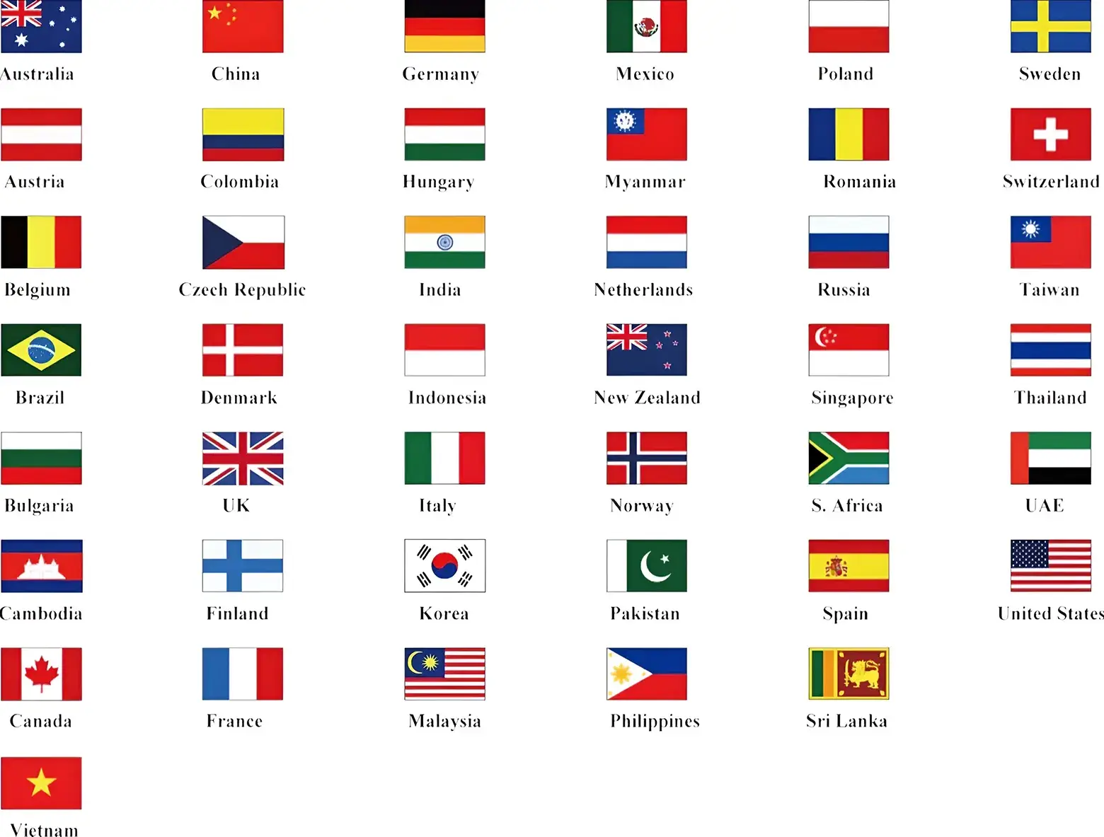 世界各国の国旗が一覧で並んだ画像(約40か国分)