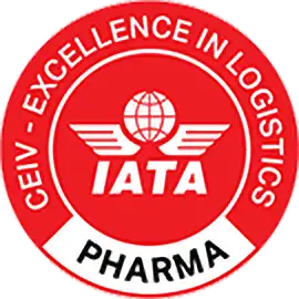 IATA(国際航空運送協会)の「CEIV Pharma」認証ロゴ。赤い円形デザインで、中央に地球と翼のマーク、外周に「CEIV - EXCELLENCE IN LOGISTICS」と記され、医薬品輸送における高い品質基準を示している。