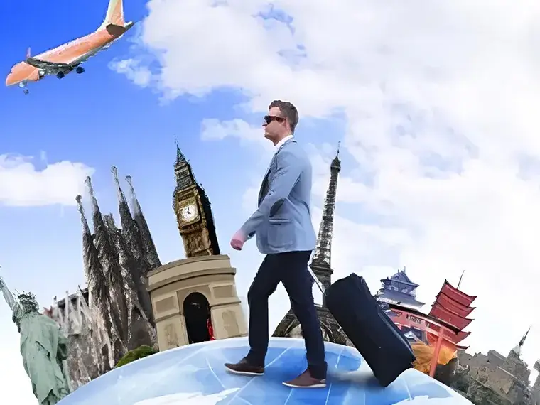 スーツケースを引く旅行者と世界の観光名所を組み合わせた合成イメージ