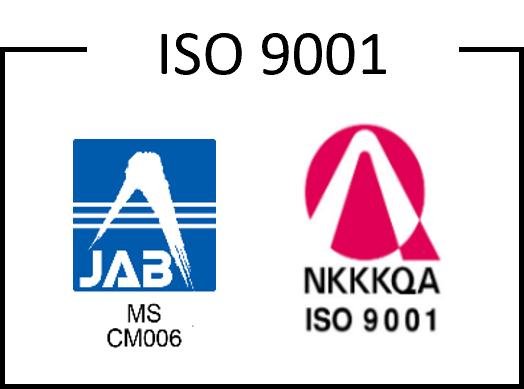 ISO9001認証マーク。JAB（日本適合性認定協会）およびNKKKQA（日本検査キューエイ株式会社）による品質マネジメントシステムの認証を示すロゴ。