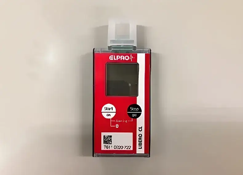 医薬品輸送時の温度データを記録するロガーデバイス（データロガー）の写真。赤い外装に小型ディスプレイを備え、ELPRO社製「LIBERO」シリーズ。輸送中の温度や湿度を記録し、適正なコールドチェーン管理を行うために使用される。