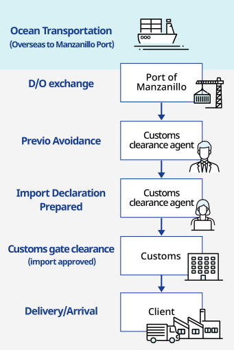 Flowchart illustrating the import process from overseas to the Port of Manzanillo, showing steps from ocean transportation, D/O exchange, customs clearance procedures, import declaration, customs gate approval, and final delivery to the client.
