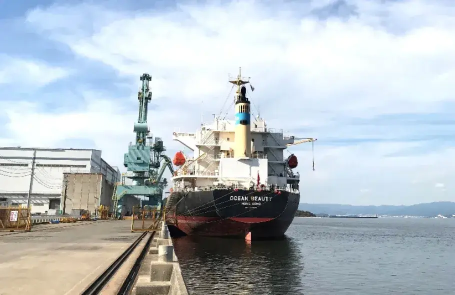 Large cargo ship docked at a port, with the vessel name “OCEAN BEAUTY” visible on the hull and cranes and port facilities in the background indicating loading or departure preparations.