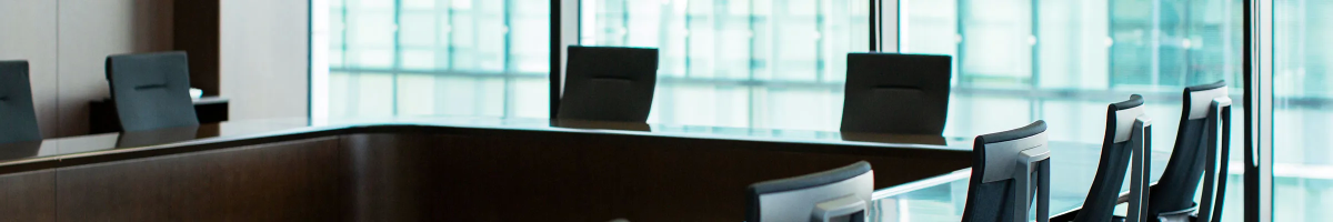 Conference room table and chairs by large windows.