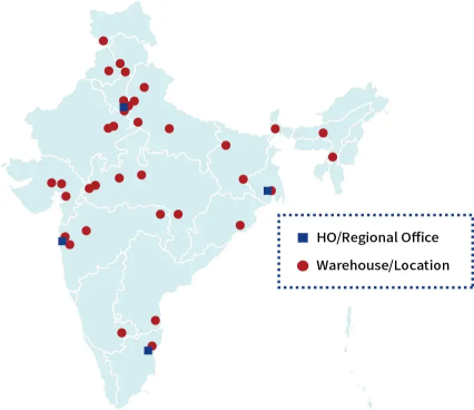 Map showing the distribution of logistics hubs across India, with blue squares indicating headquarters and regional offices, and red circles marking warehouses and operational sites. The network spans the entire country, with a concentration in the northe
