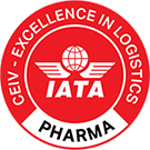 IATA(国際航空運送協会)の「CEIV Pharma」認証ロゴ。赤い円形デザインで、中央に地球と翼のマーク、外周に「CEIV - EXCELLENCE IN LOGISTICS」と記され、医薬品輸送における高い品質基準を示している。